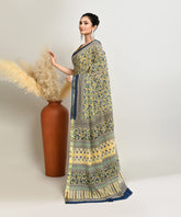 Cream-Blue Pure Bagru Pashmina Kalamkari Printed Sico Chanderi Saree